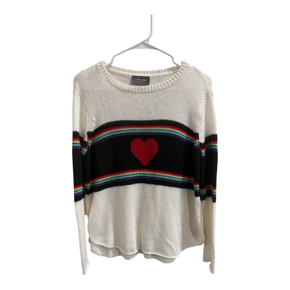 Wooden Ships White Black Sweater with Red Heart and Rainbow Stripes - Picture 6 of 8